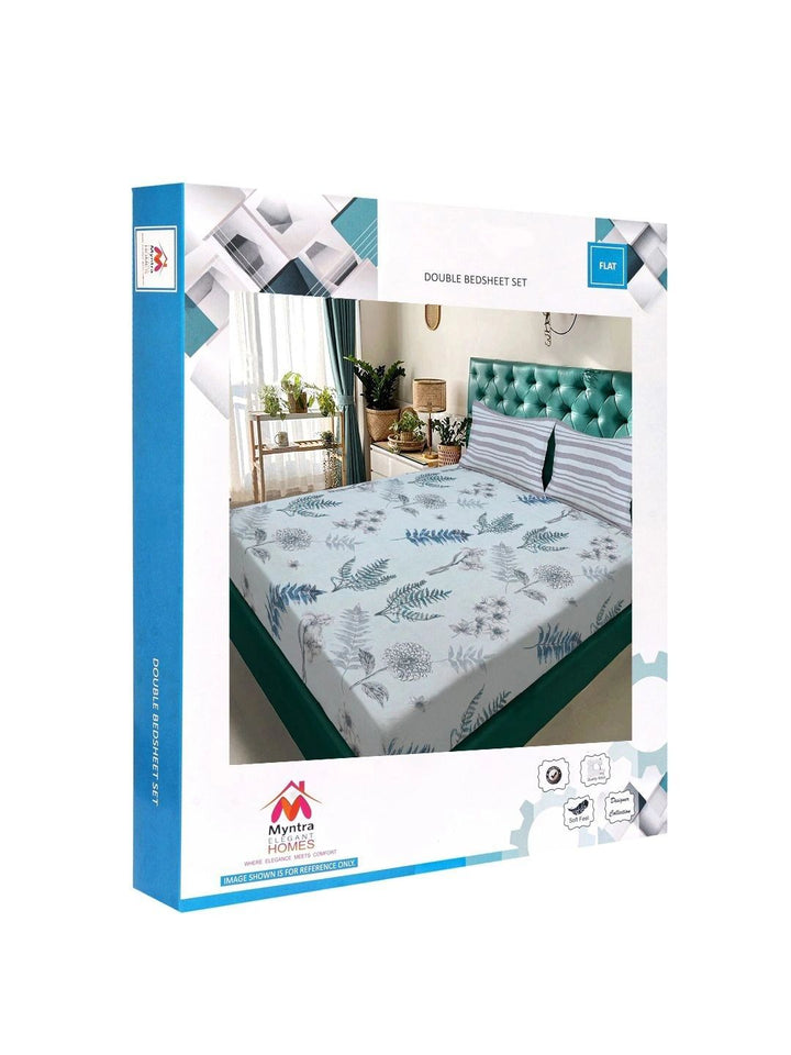 Myntra Elegant Homes Blue & Green Floral 300 TC King Double Bedsheet with 2 Pillow Covers