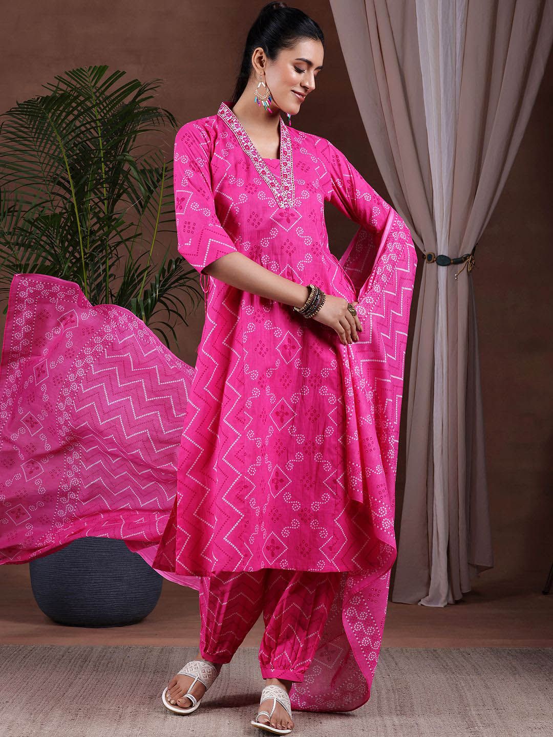 Libas Bandhani Printed V-Neck Pure Cotton A-Line Kurta With Salwar & Dupatta