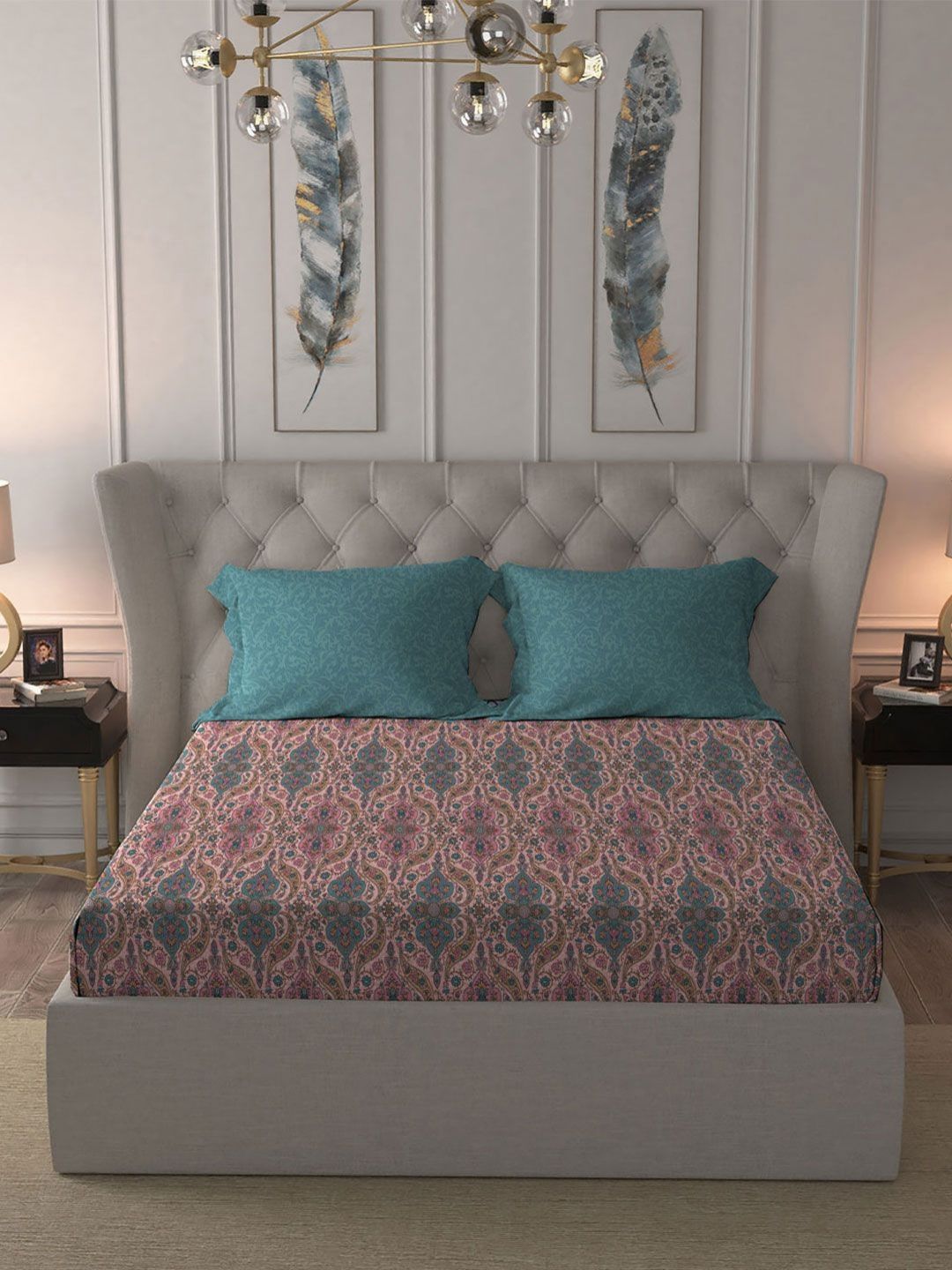 MYTRIDENT Celebration Pink Floral Printed Pure Cotton 144 TC Queen Bedsheet Set 2.28 m x 2.54 m