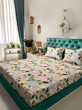 KLOTTHE Beige & Pink Floral Printed Fitted 300 TC King 7D Bedsheet With 2 Pillow Cover