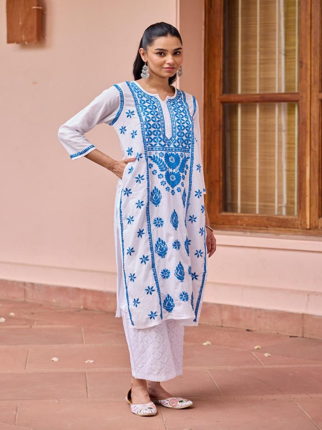 Rumah Wanita Chikankari Kapas Putih Chikankari Sulam Kurta
