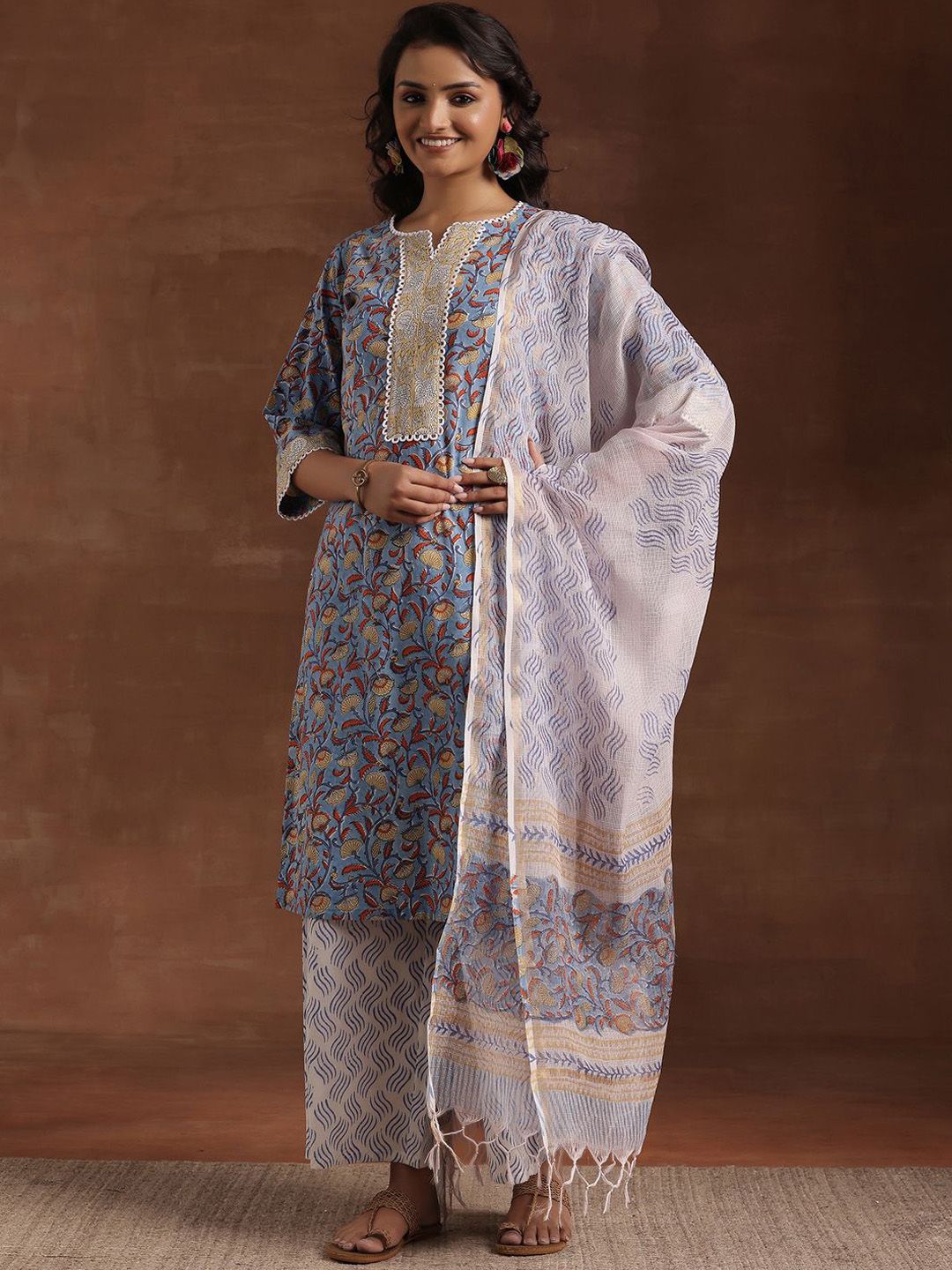 Libas Floral Printed Notch Neck Pure Cotton Straight Kurta with Palazzo & Dupatta