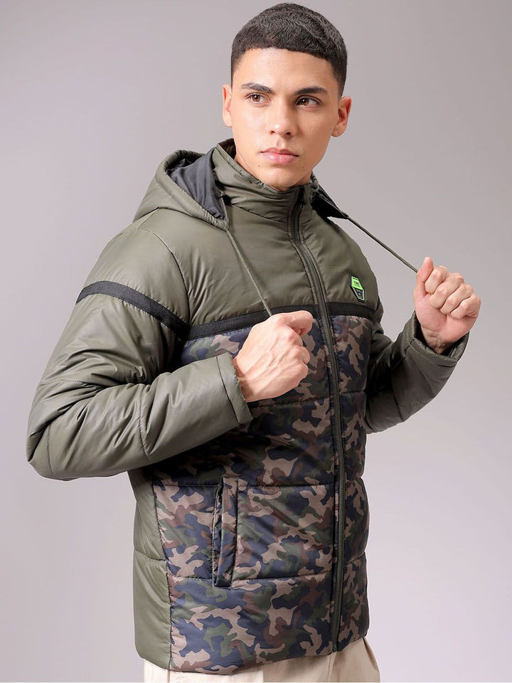 The Indian Garage Co Men Hooded Camouflage Printed Casual Puffer Jacket