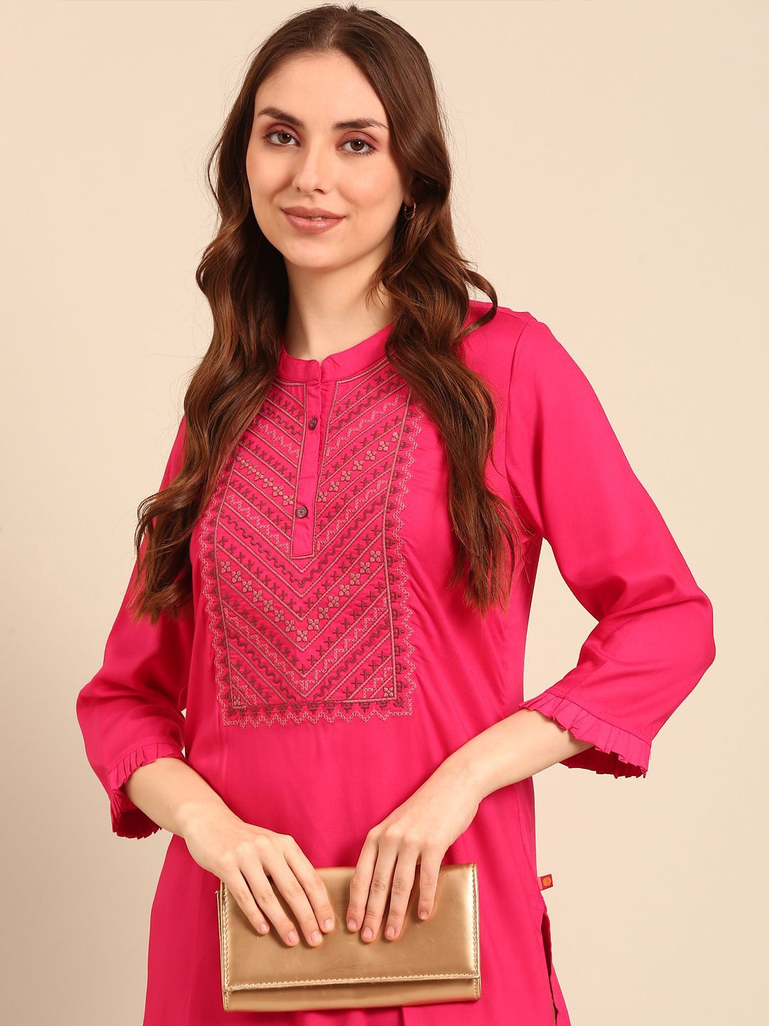 Anouk Fuchsia Floral Embroidered Pure Cotton Straight Kurta