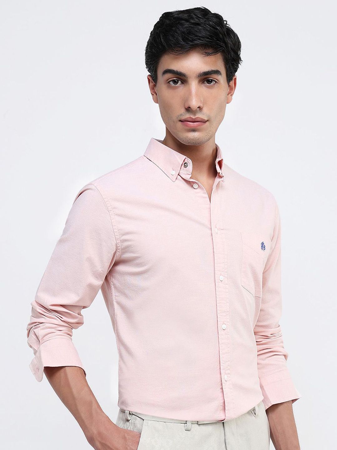 RARE RABBIT Men Comfort Button-Down Collar Solid Cotton Formal Shirt