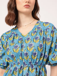 DressBerry Daydream Diva Floral Print Cinched Waist A-line Dress