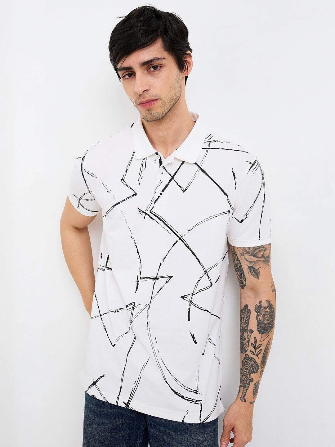 SPYKAR Men Abstract Printed Polo Collar Cotton Slim Fit T-shirt