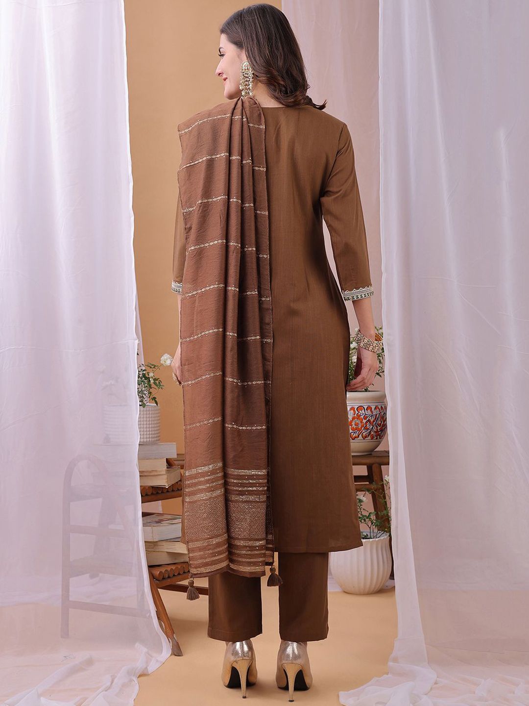 KALINI Yoke Design Sequinned Straight Kurta With Trousers And Dupatta