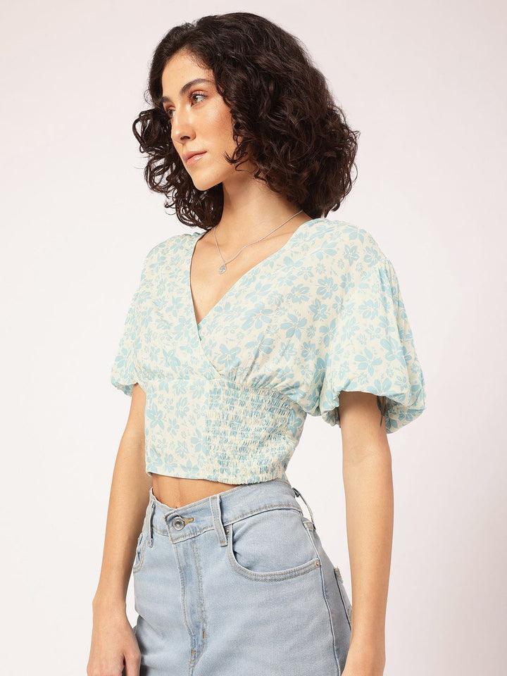 DressBerry Blooming Ahead Puff Sleeves Smocked Printed Crop Top