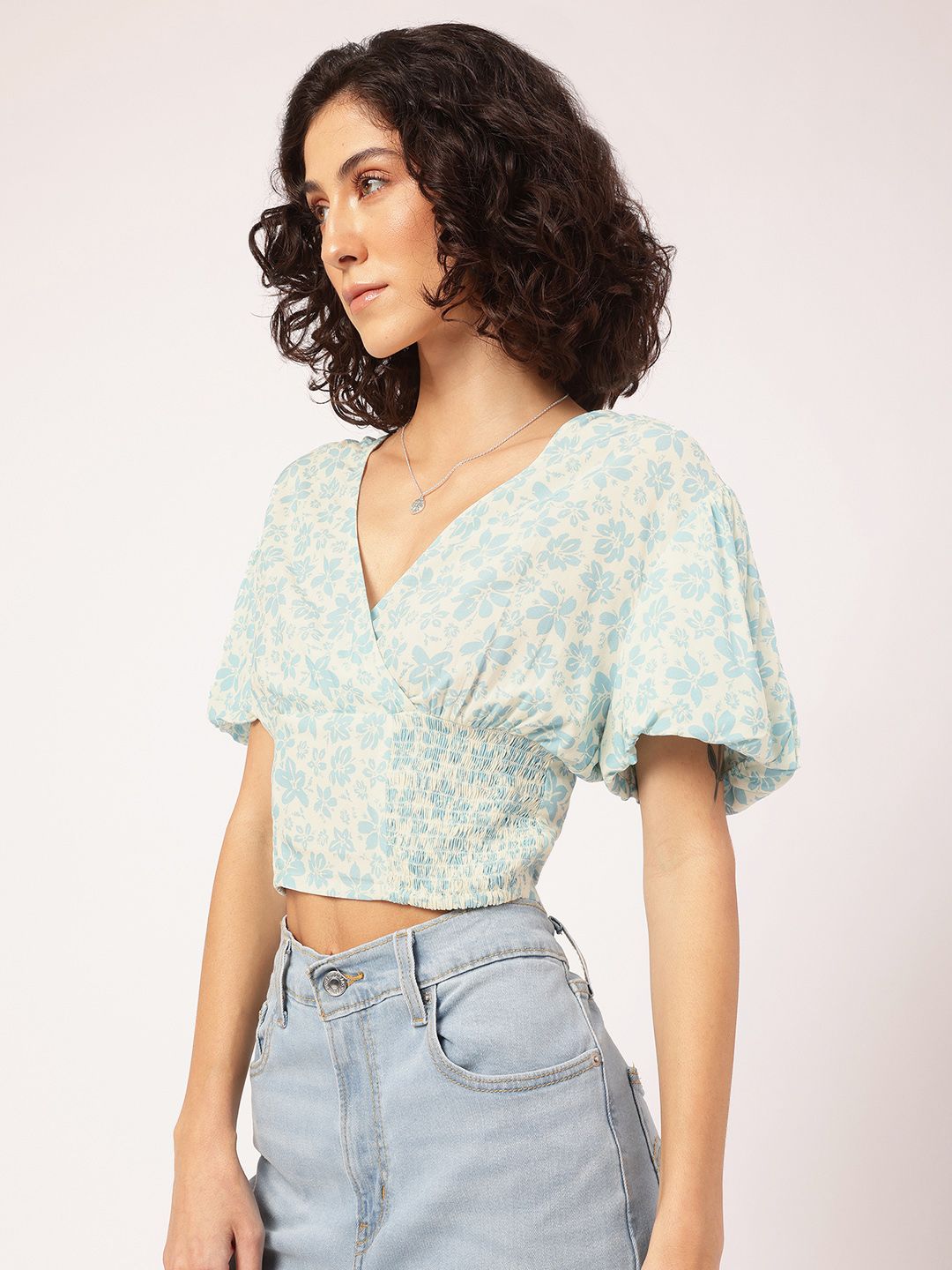 DressBerry Blooming Ahead Puff Sleeves Smocked Printed Crop Top