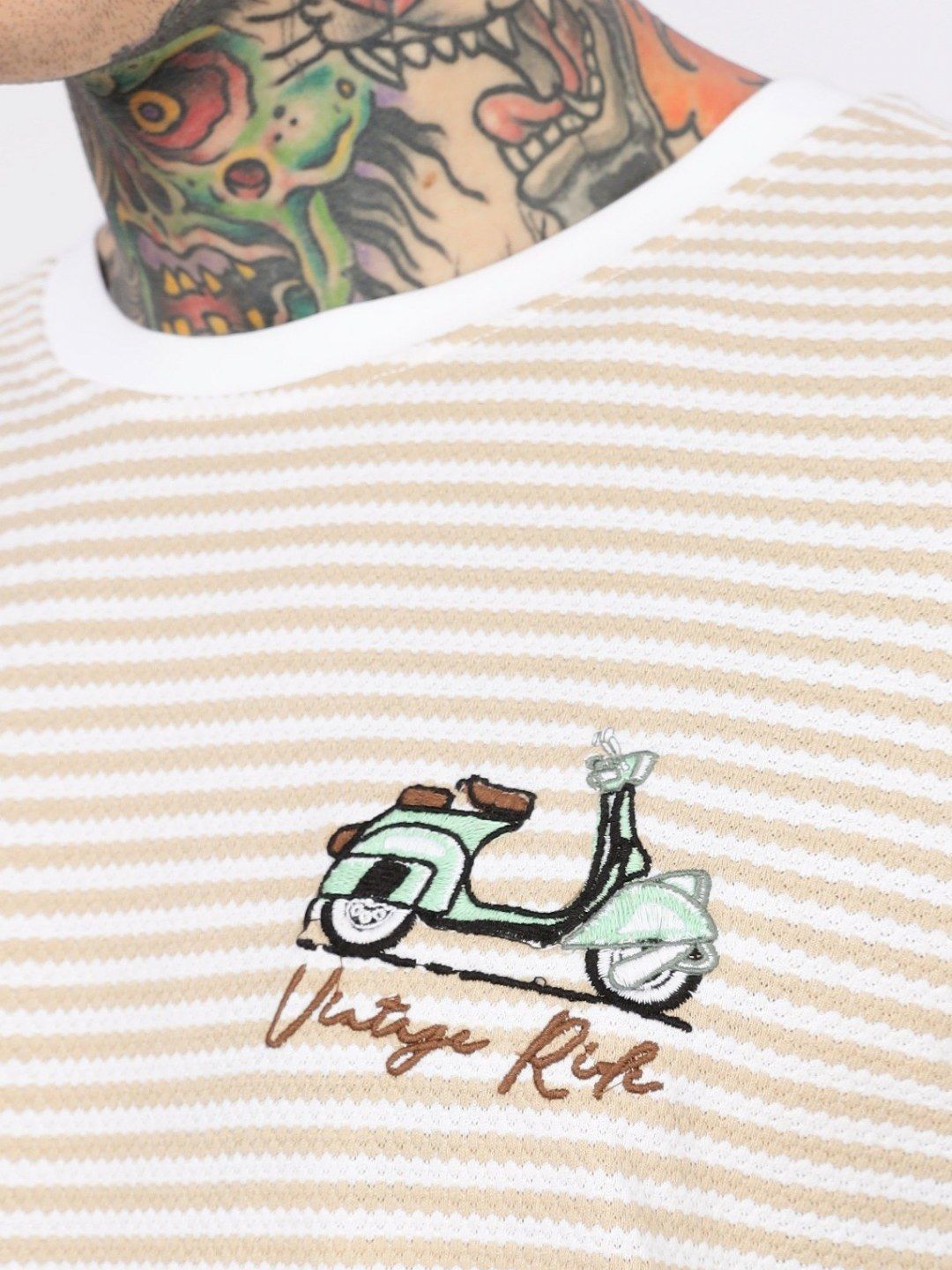 Eszett Drop Shoulder Vintage Ride Cream Striped Embroidered Cotton Round Neck Oversized Fit T-shirt