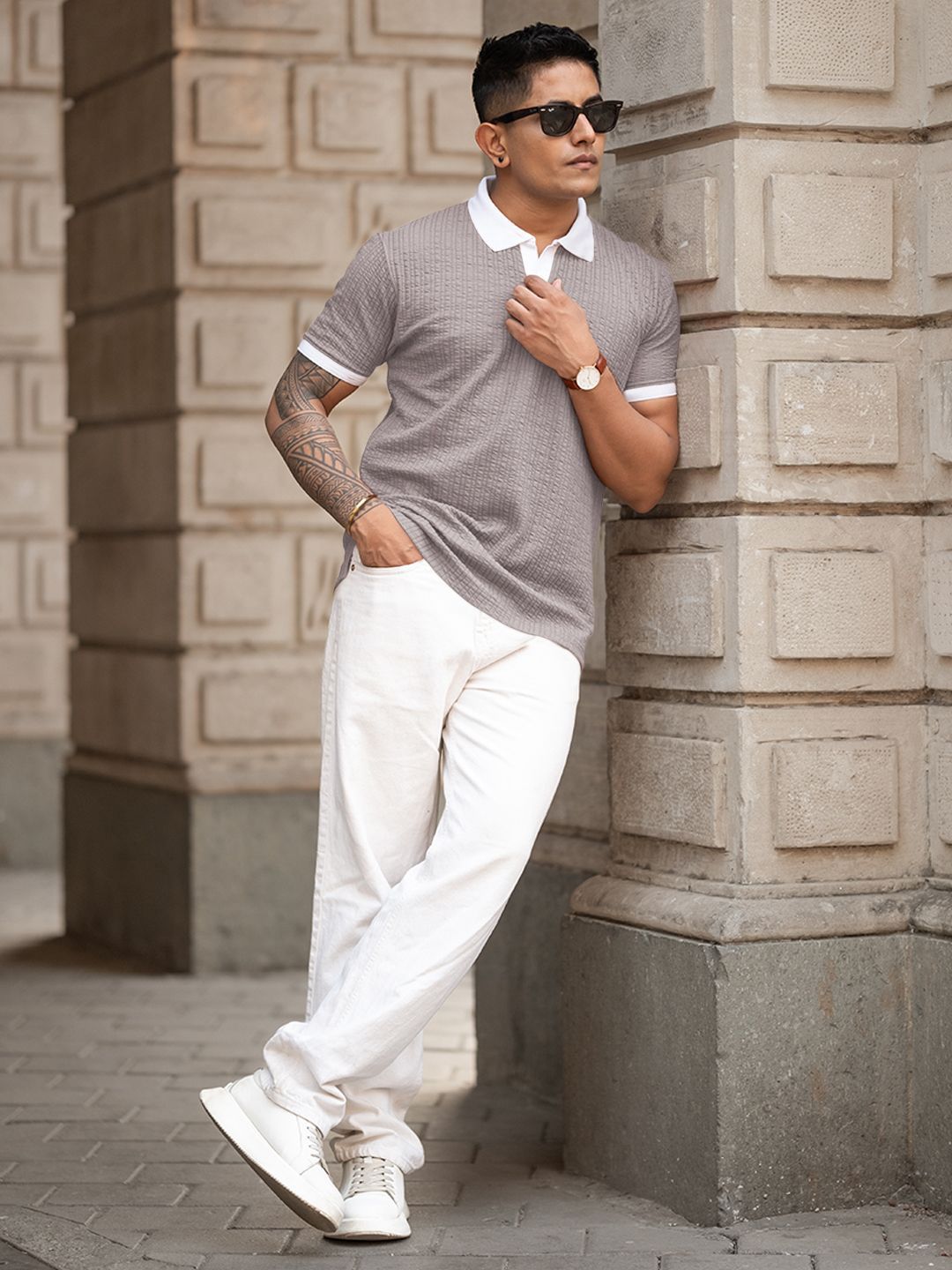 Powerlook Men Self Design Polo Collar Cotton T-shirt