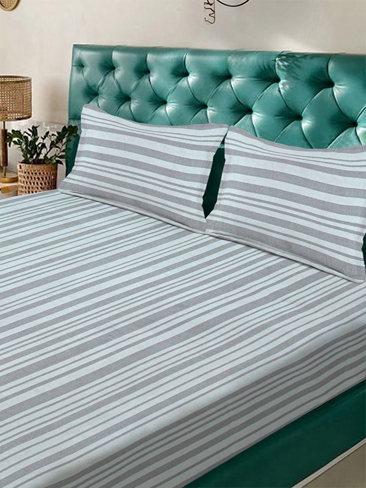 Aura Grey & Blue Striped 300 TC Fitted King Bedsheet Set 2.50 x 2.25 m