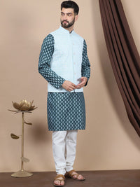 Motif Etnik Hijau Anouk Bercetak Kurta Kapas Tulen Lurus dengan Jaket Churidar & Nehru
