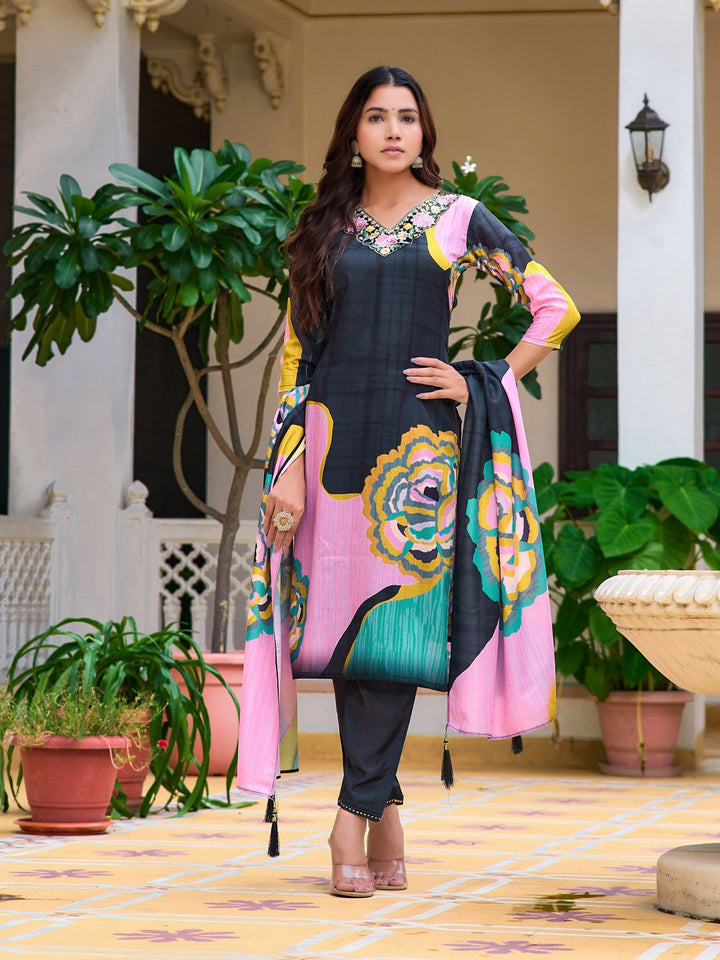 KALINI Floral Embroidered Thread Work Straight Kurta With Trousers & Dupatta