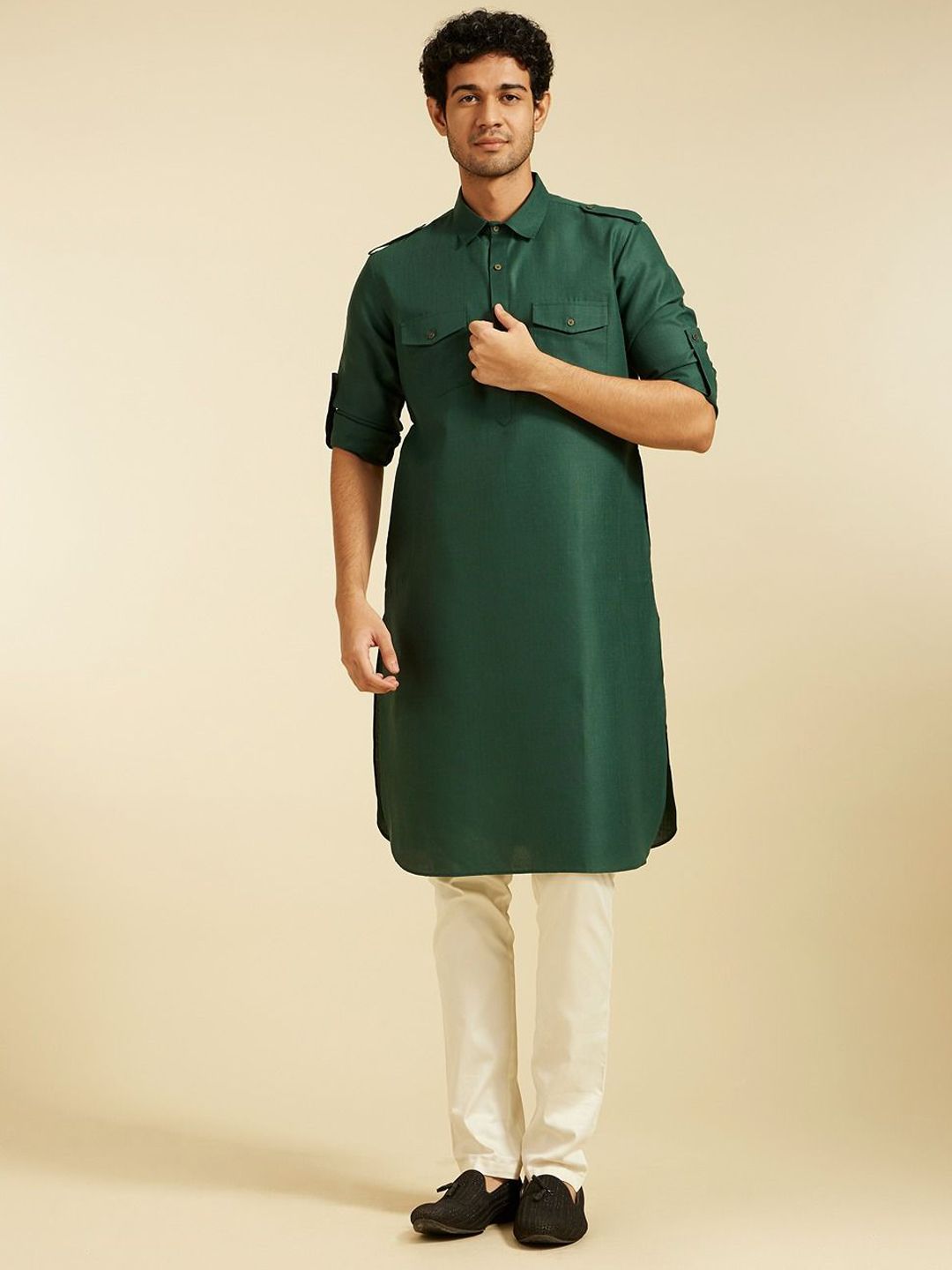 Diwas by Manyavar Shirt Collar Roll-Up Sleeves Pathani Kurta