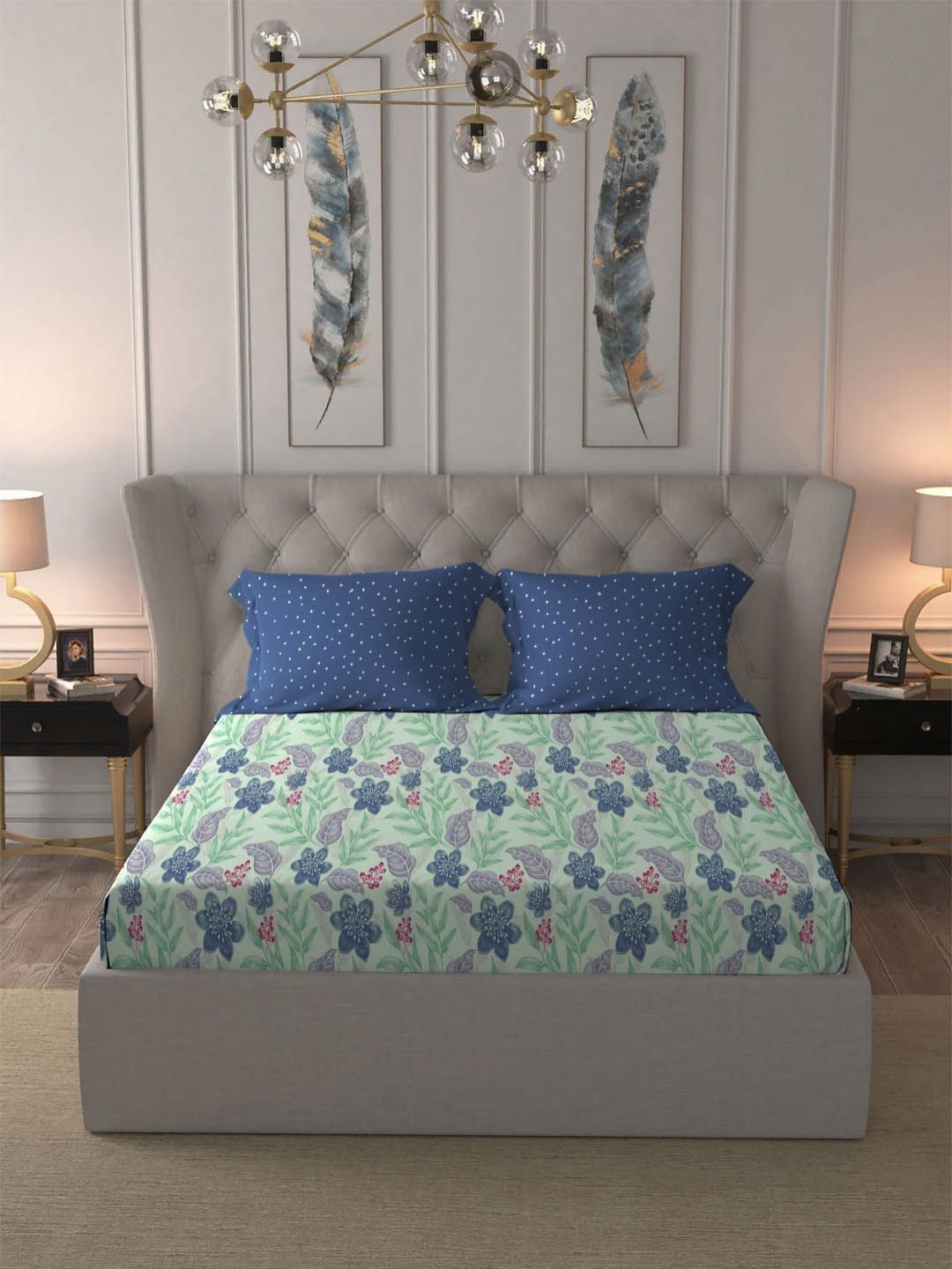 MYTRIDENT Glitter Blue Dusk & Dawn Flat 144TC Queen Cotton 1 Bedsheet with 2 Pillow Covers