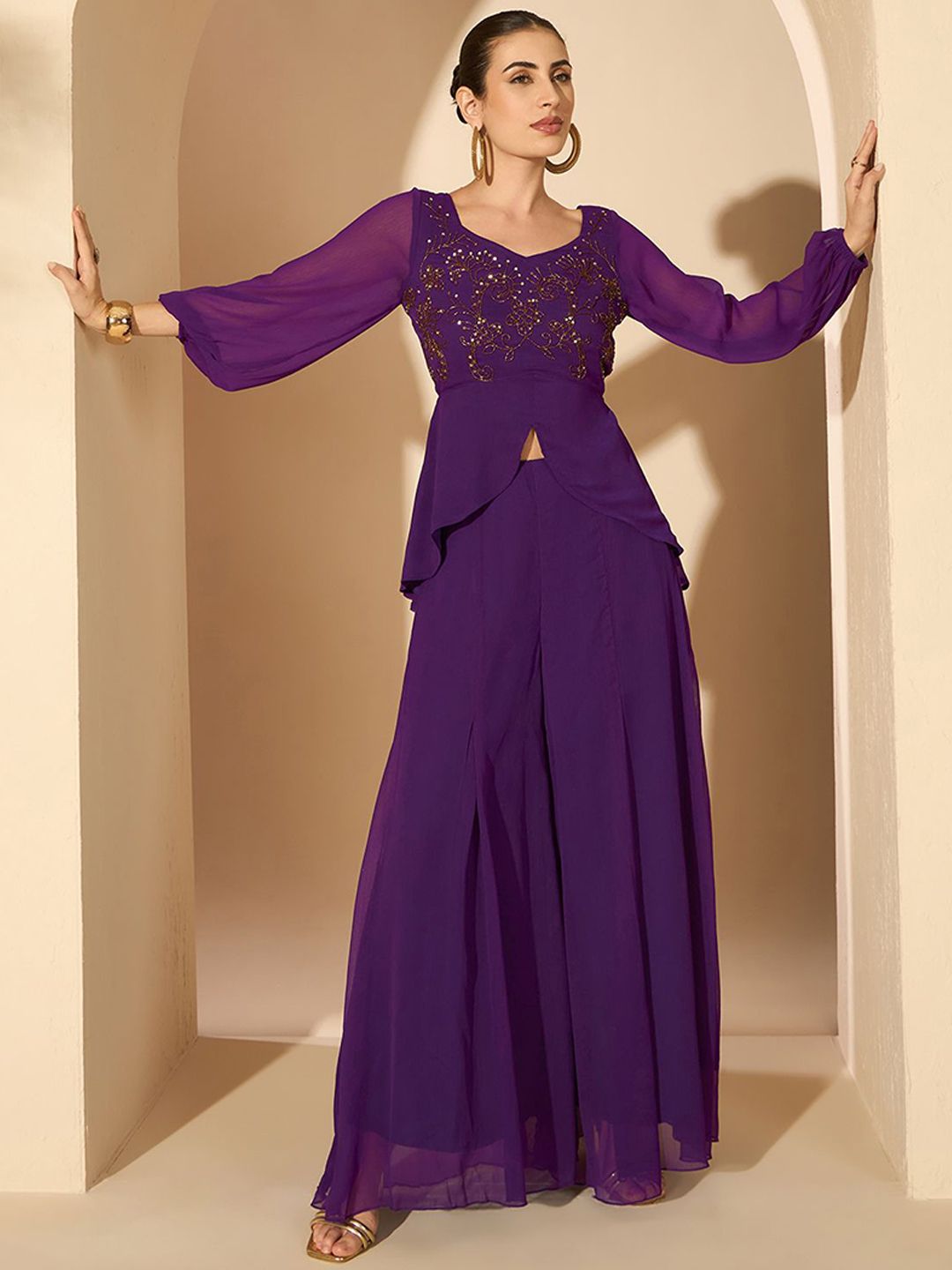 Antheaa Purple Embellished V-Neck Top & Palazzo