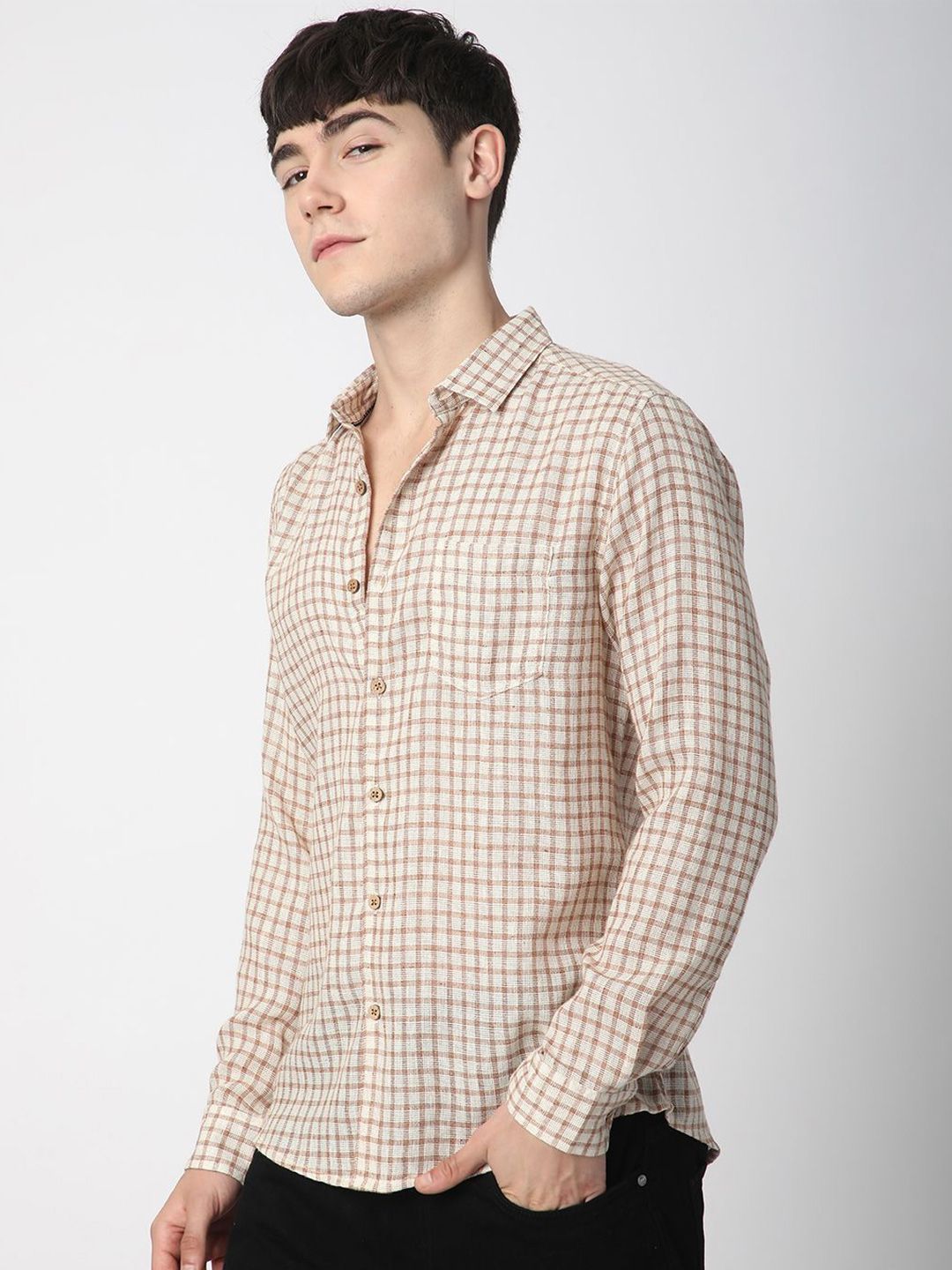 VASTRADO Men Classic Fit Spread Collar Checked Cotton Casual Shirt