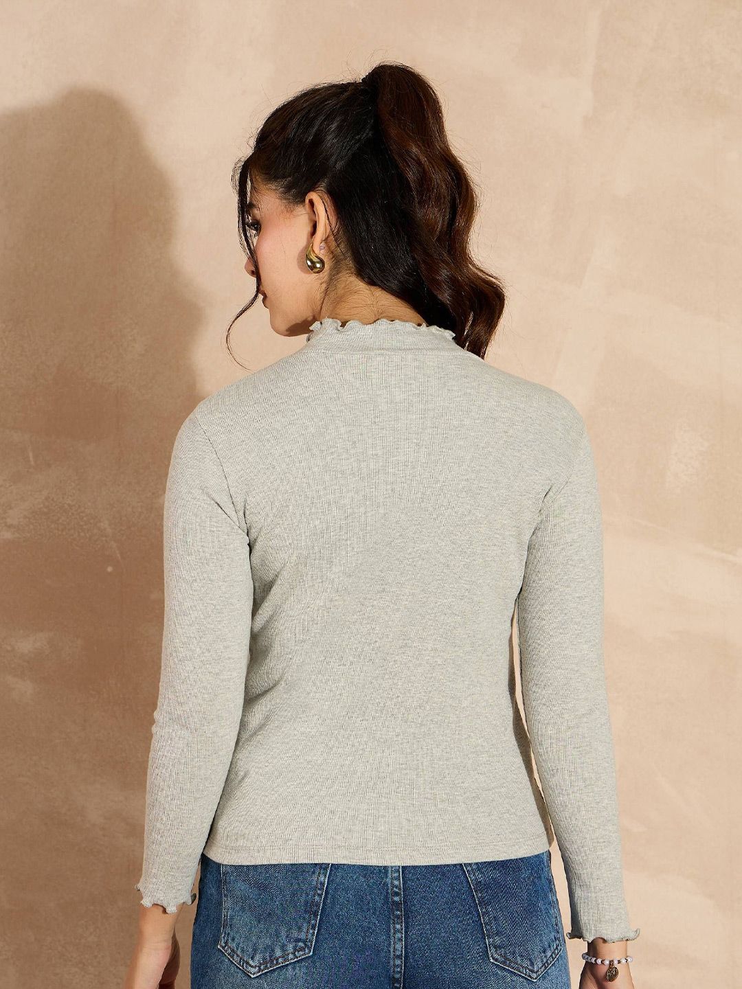 SASSAFRAS Women Grey Long Sleeves High Neck Top