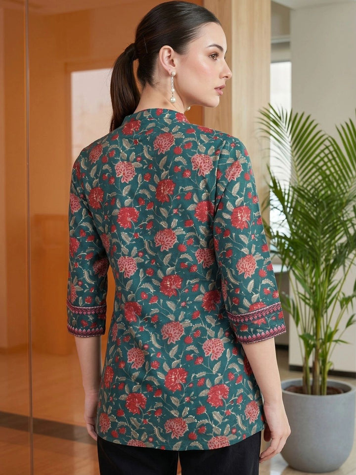 Mamicha Floral Print Mandarin Collar Cotton Peplum Top