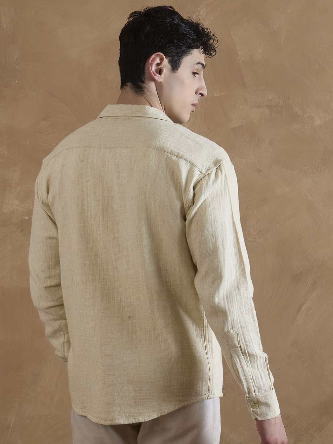 DENNISON Beige Double Gauge Self Design Shirt
