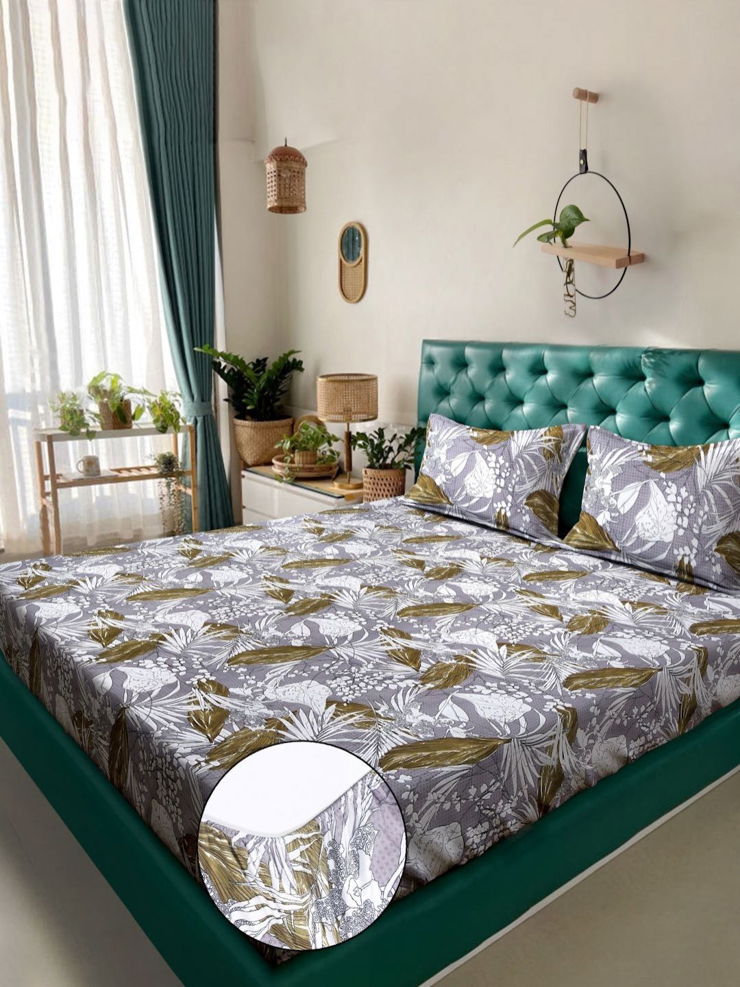 KLOTTHE Grey Leaf Printed Fitted 300 TC Double King Bedsheet With 2 Pillow Cover