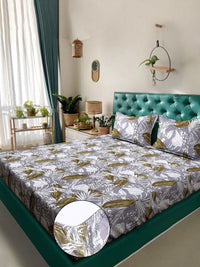 KLOTTHE Grey Leaf Printed Fitted 300 TC Double King Bedsheet With 2 Pillow Cover