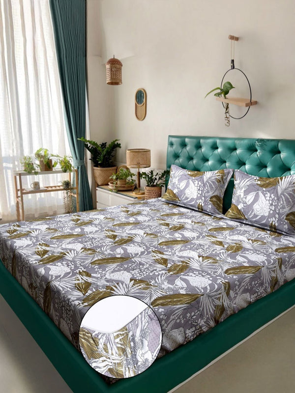 KLOTTHE Grey Leaf Printed Fitted 300 TC Double King Bedsheet With 2 Pillow Cover