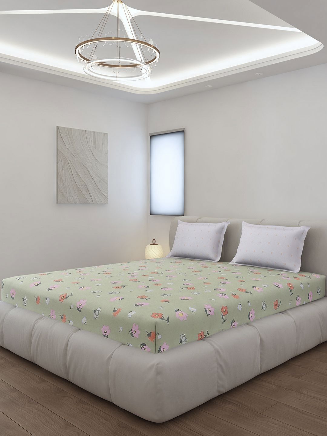 Monte Carlo Edmond Green & Pink Floral Printed 144 TC King Bedsheet Set 2.70 m x 2.70 m
