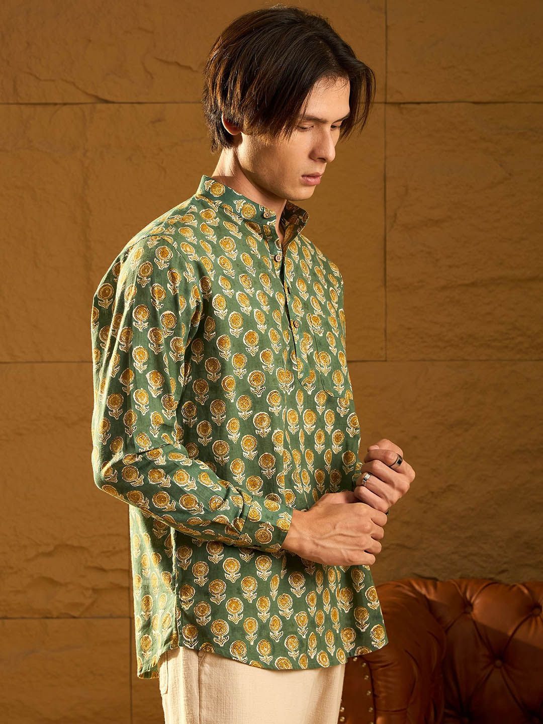 Dennison Floral Block dicetak kapas kolar mandarin pendek kurta pendek