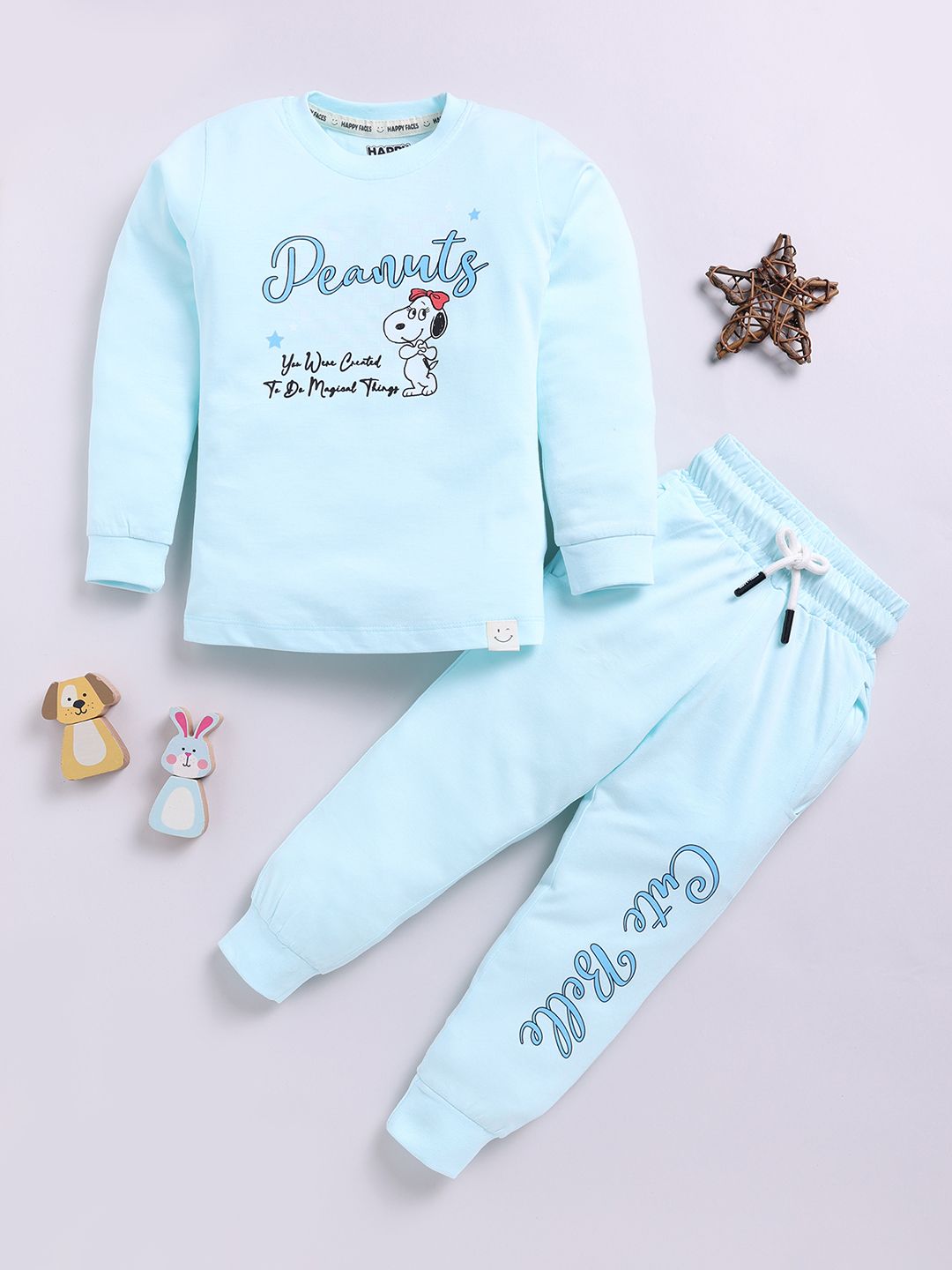 Happy Faces Girls Pure Cotton Peanuts Printed T-shirt with Joggers
