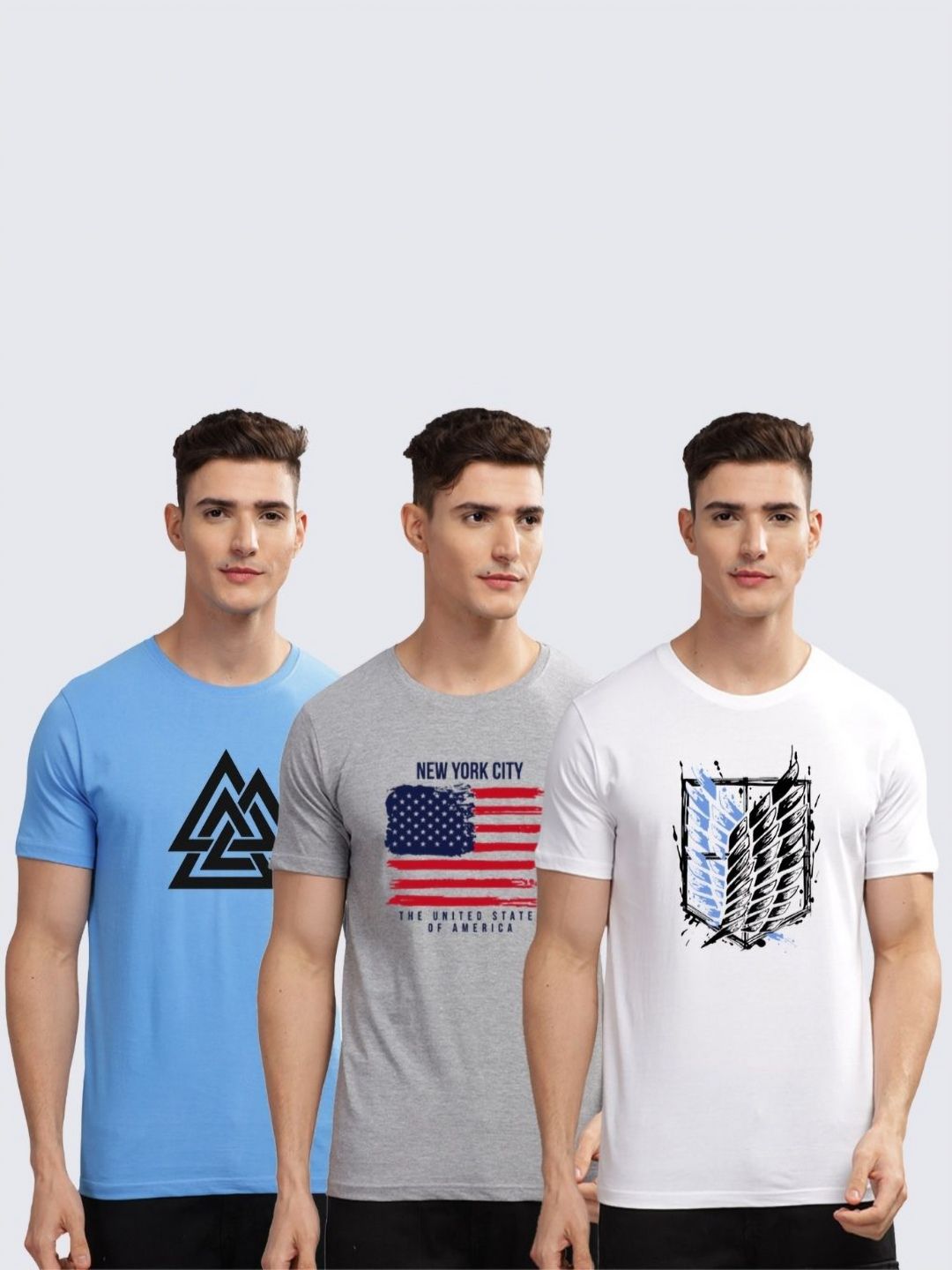 Pek ADRO Lelaki dengan 3 T-shirt Kapas Leher Bulat Bercetak Grafik