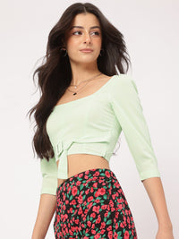 DressBerry Cuffed Sleeves Pleated Belted Crop Top