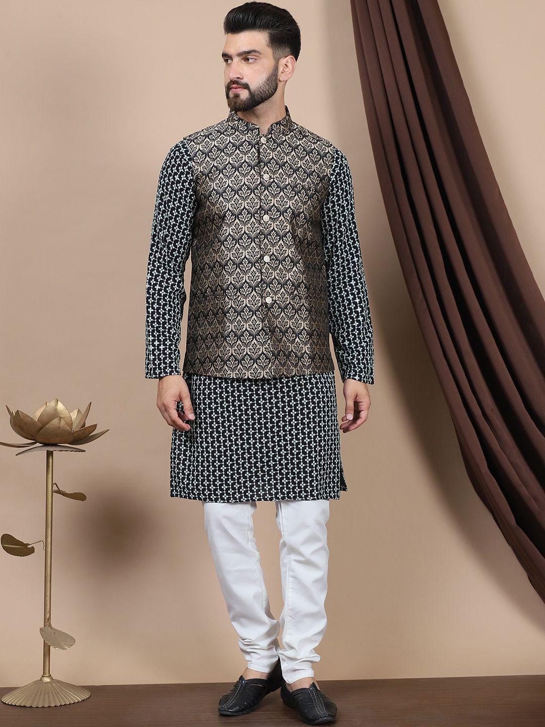 Anouk Ethnic Motifs Embroidered Pure Cotton Straight Kurta With Churidar & Nehru Jacket