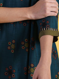 W Blue Ethnic Motifs Printed Notch Neck A-Line Kurta With Palazzos And Dupatta
