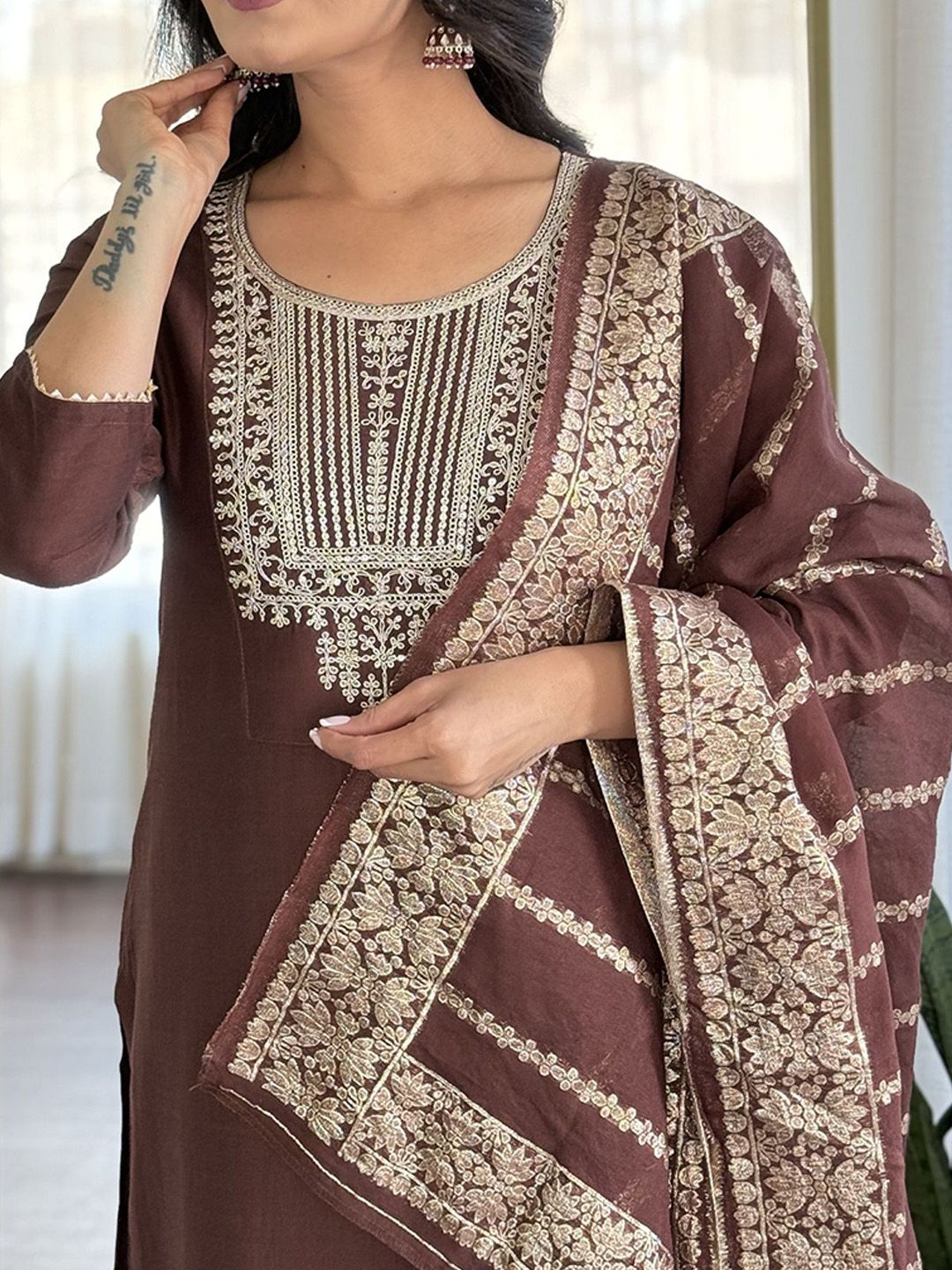 KALINI Ethnic Motifs Yoke Design Pure Silk Straight Kurta With Trousers & Dupatta