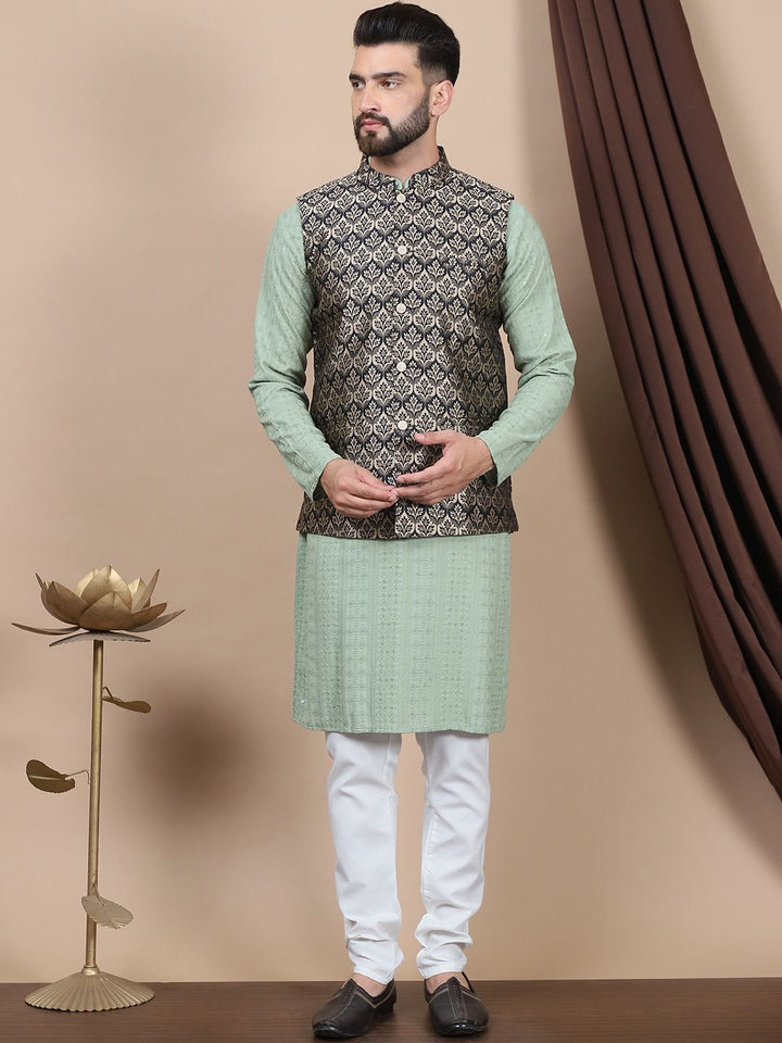 Anouk Floral Embroidered Pure Cotton Sequinned Straight Kurta With Churidar & Nehru Jacket