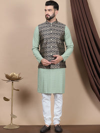 Anouk Floral Embroidered Pure Cotton Sequinned Straight Kurta With Churidar & Nehru Jacket