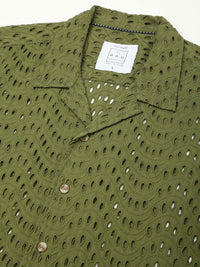VASTRADO Men Classic Cuban Collar Textured Cotton Oversized Casual Shirt