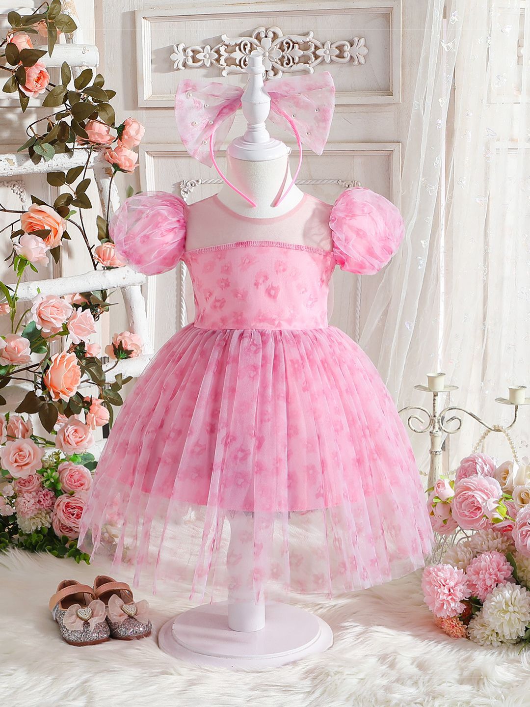 YK Floral Self Design Puff Sleeves Fit & Flare Dress