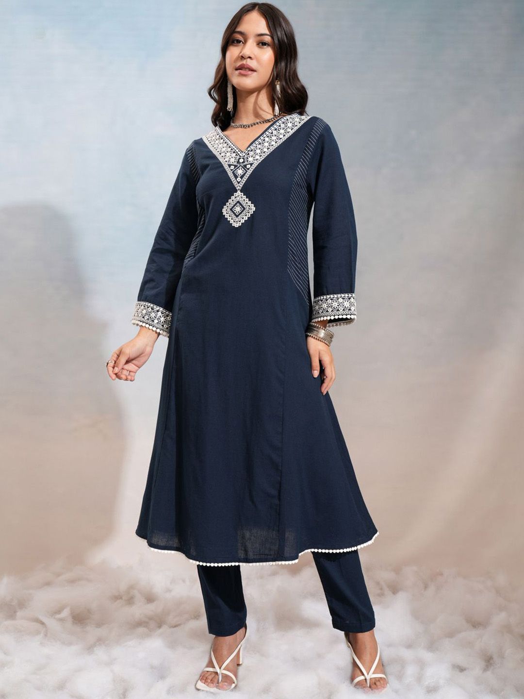 Vishudh Floral Embroidered V-Neck Panelled Mirror Work Kurta With Trousers