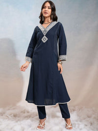 Vishudh Floral Embroidered V-Neck Panelled Mirror Work Kurta With Trousers