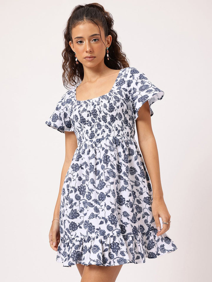 DressBerry Fun & Fabulous Floral Printed Back Cut-Out Smocked Flutter Sleeve Mini Dress