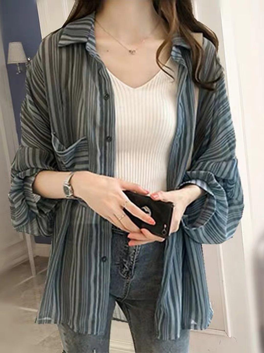DressBerry Striped Shirt Collar Slim Fit Casual Shirt