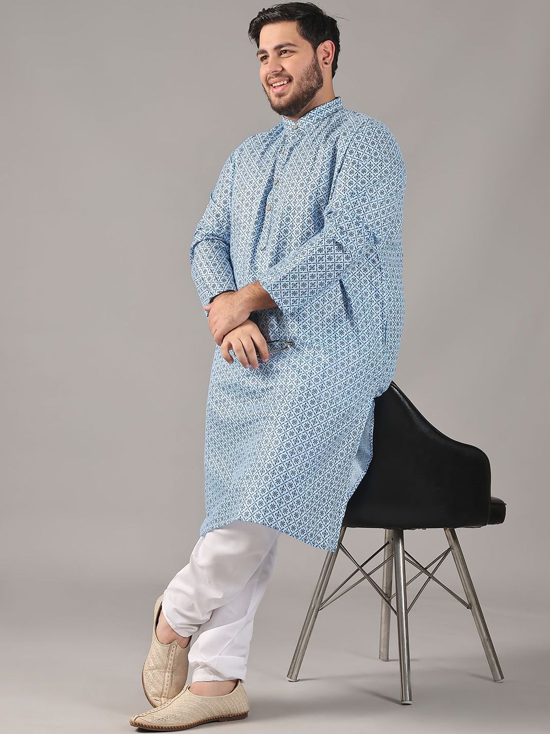 SOJANYA PLUS Plus Size Men Ethnic Motifs Printed Band Collar Straight Kurta With Pyjamas