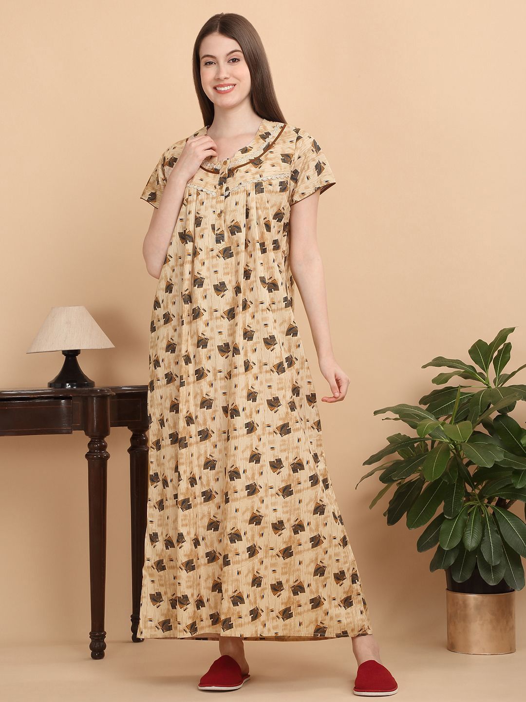 Sweet Dreams Women Pure Cotton Geometric Printed Maxi Nightdress