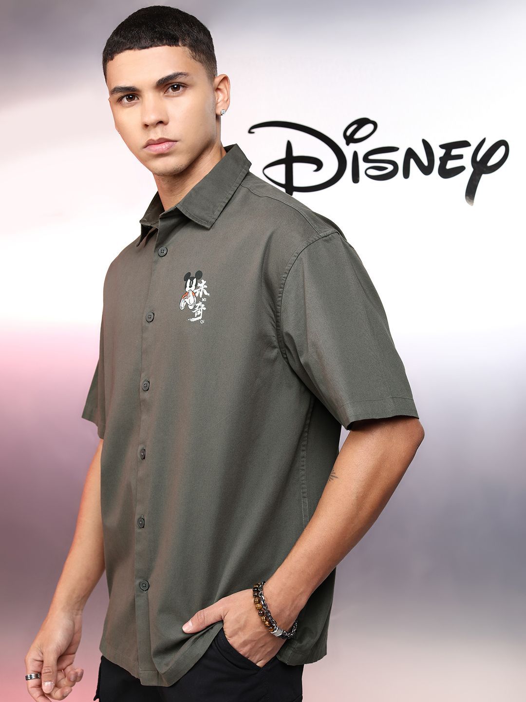 Highlander Disney Men Grey Mickey Printed Oversized Casual Shirt