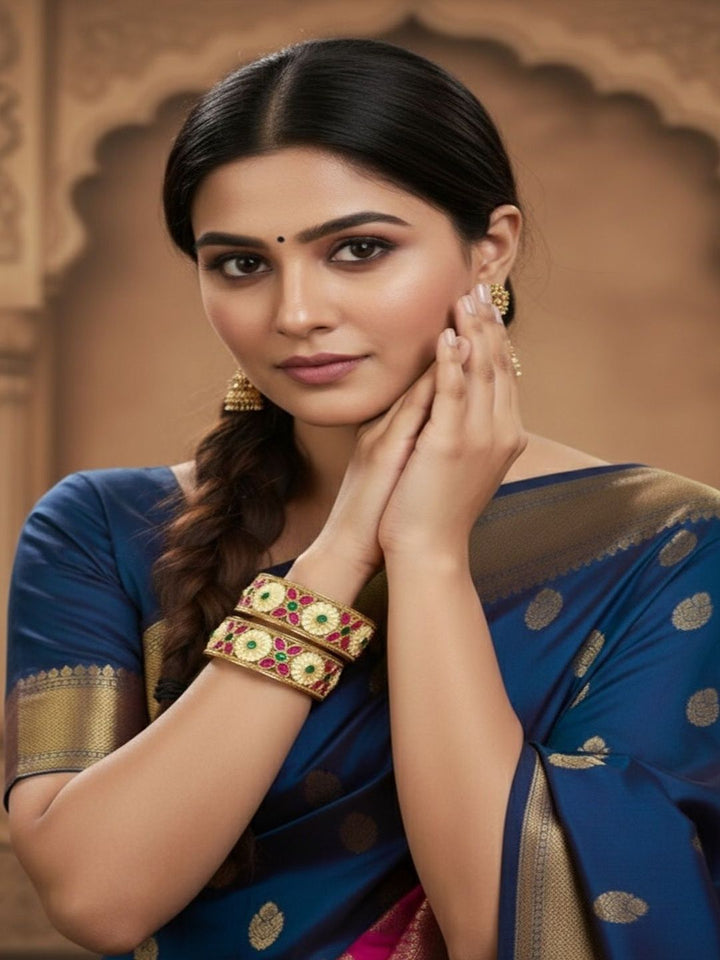 PANASH Set Of 2 24KT Gold-Plated Ruby & Emerald Stones Studded Flower Shaped Bangles