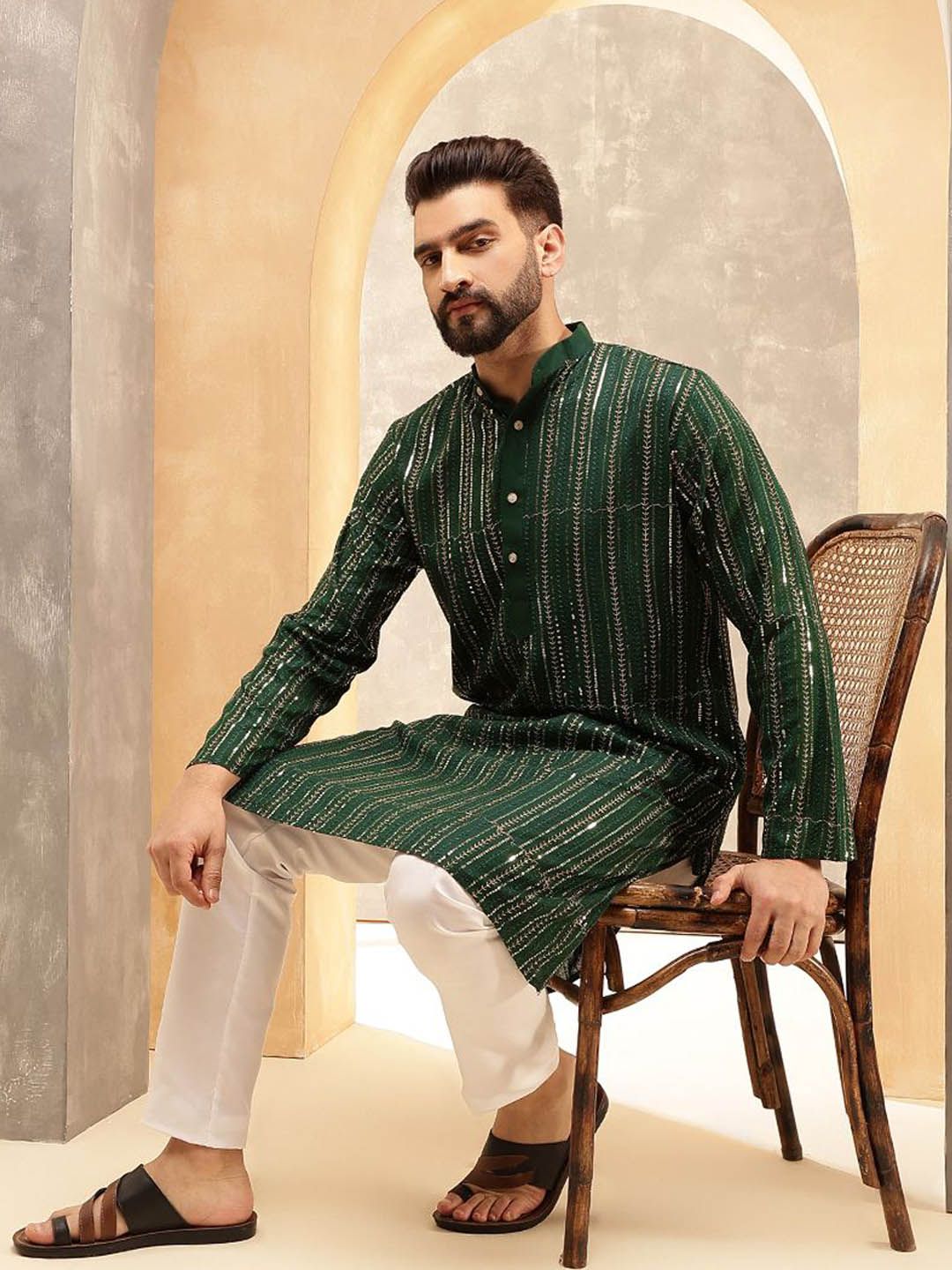 Anouk Green Geometric Sulam Jujukan Jalur Kolar Kurta Lurus